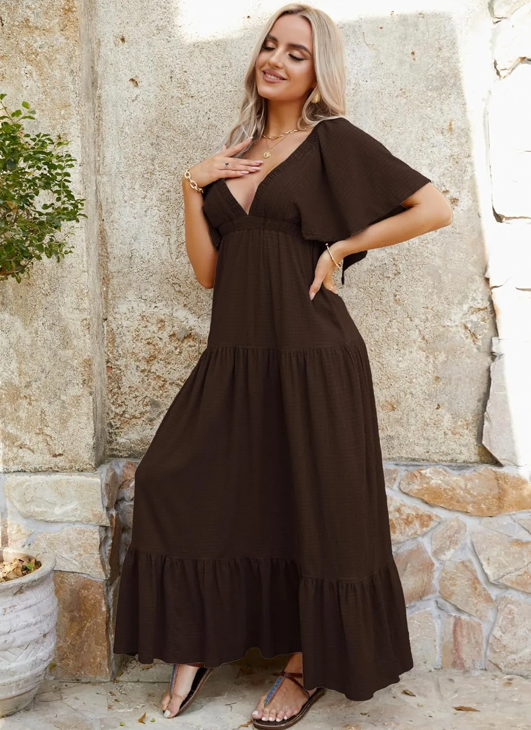 Women Summer Dresses Sexy V-Neck Maxi Dress Tiered Silhouette with Flutter Sleeve Backless Elastic Waist Flowy Dress