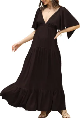 Women Summer Dresses Sexy V-Neck Maxi Dress Tiered Silhouette with Flutter Sleeve Backless Elastic Waist Flowy Dress