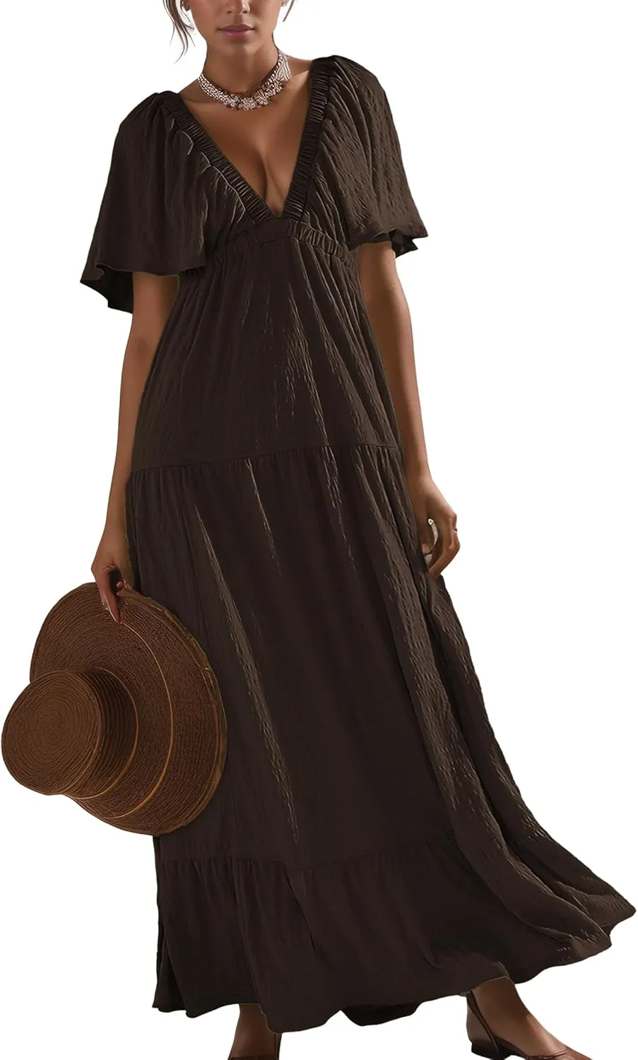 Women Summer Dresses Sexy V-Neck Maxi Dress Tiered Silhouette with Flutter Sleeve Backless Elastic Waist Flowy Dress