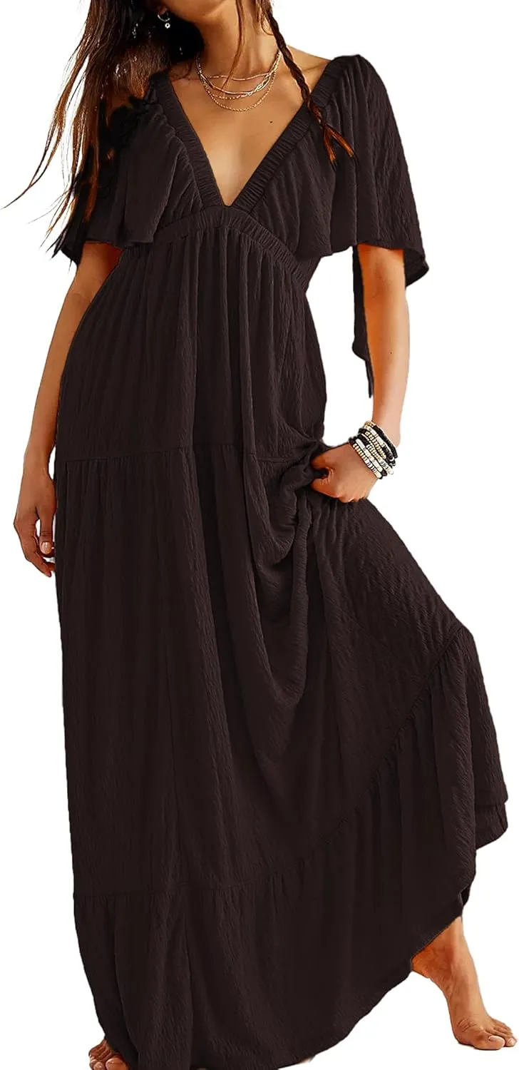 Women Summer Dresses Sexy V-Neck Maxi Dress Tiered Silhouette with Flutter Sleeve Backless Elastic Waist Flowy Dress