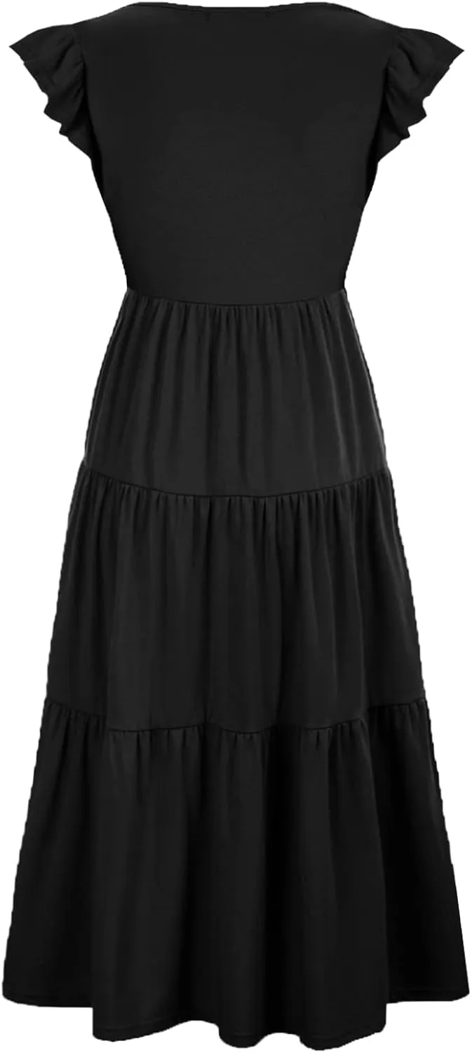 Womens Flutter Short Sleeve Smocked Tiered Nursing Dress for Breastfeeding