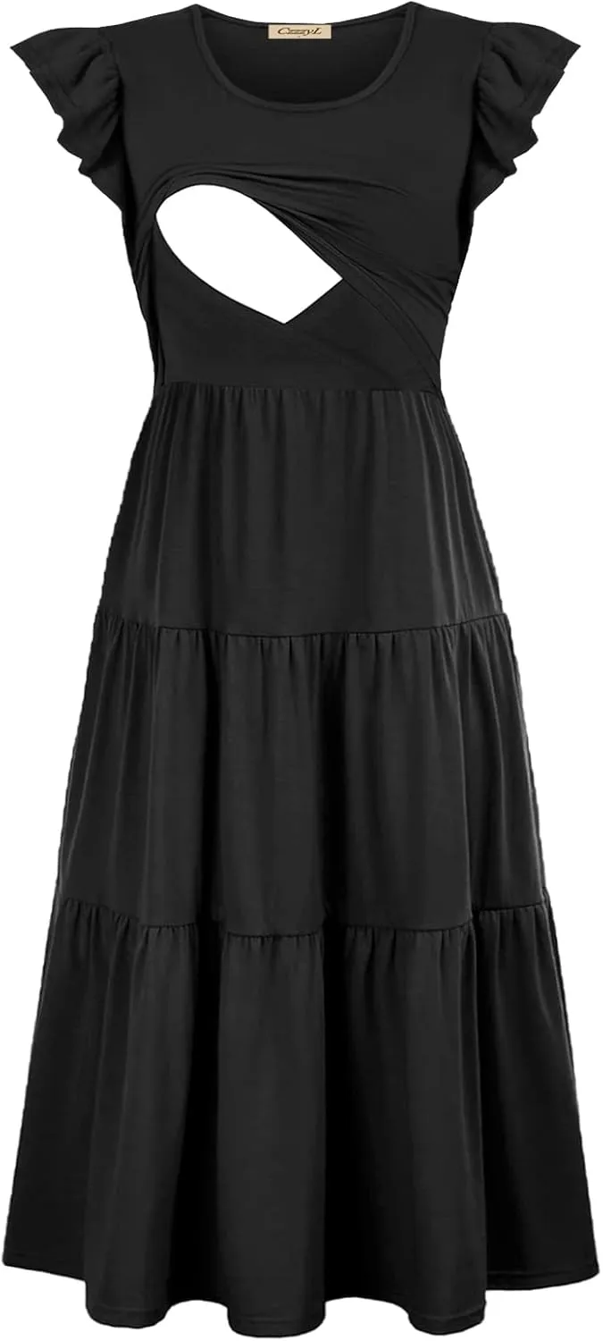 Womens Flutter Short Sleeve Smocked Tiered Nursing Dress for Breastfeeding