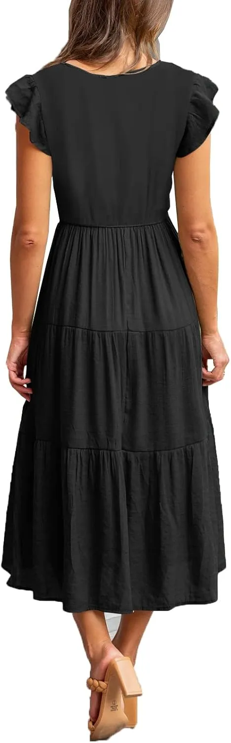Womens Flutter Short Sleeve Smocked Tiered Nursing Dress for Breastfeeding