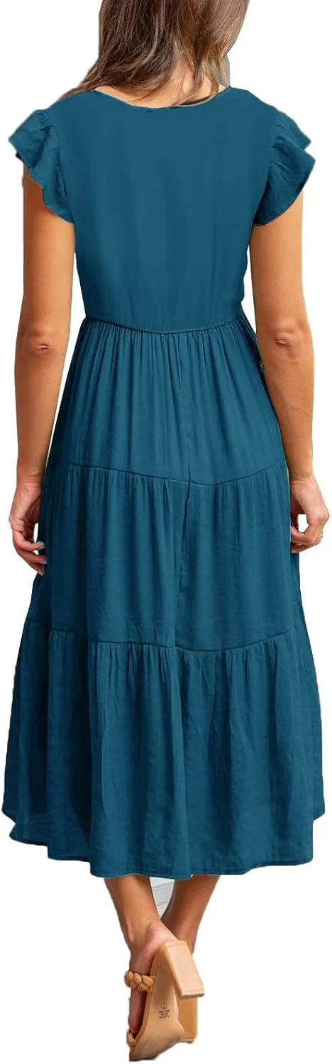 Womens Flutter Short Sleeve Smocked Tiered Nursing Dress for Breastfeeding