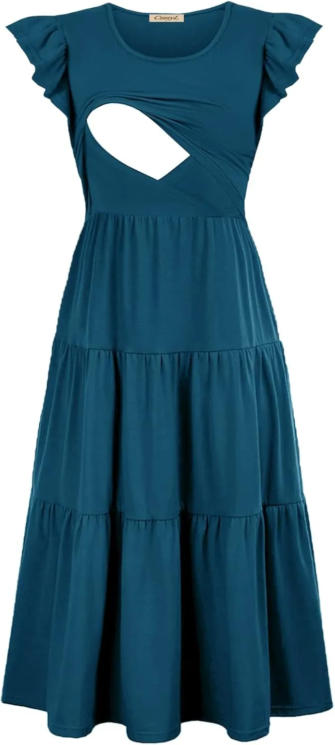 Womens Flutter Short Sleeve Smocked Tiered Nursing Dress for Breastfeeding