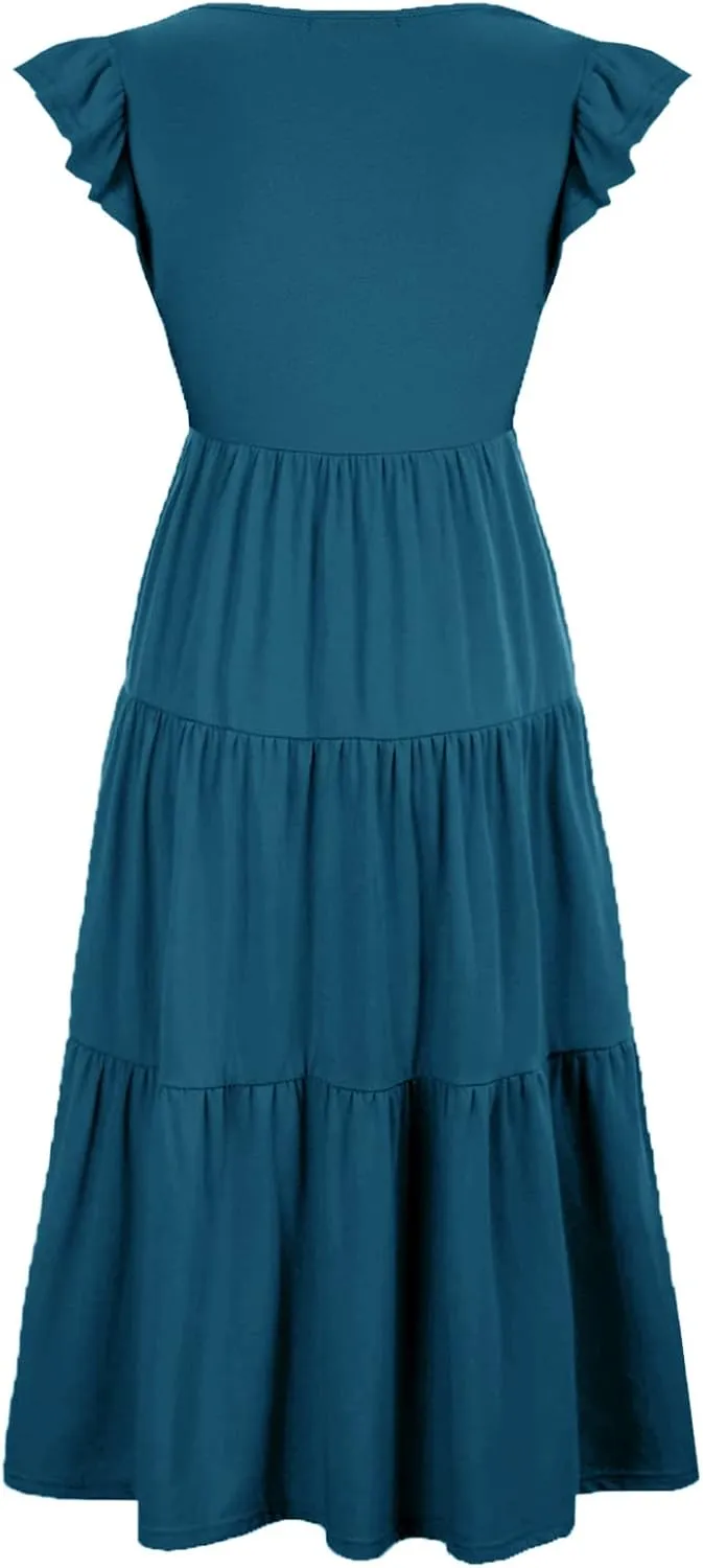 Womens Flutter Short Sleeve Smocked Tiered Nursing Dress for Breastfeeding