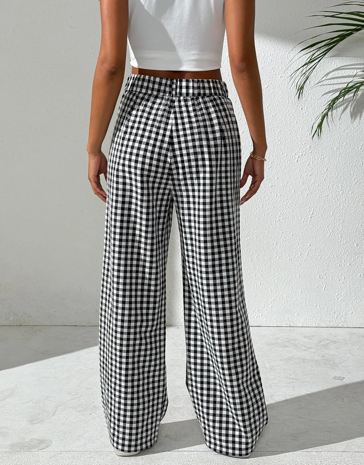 Women's Gingham Plaid Pants Summer High Waisted Wide Leg Pants Beach Casual Trouser