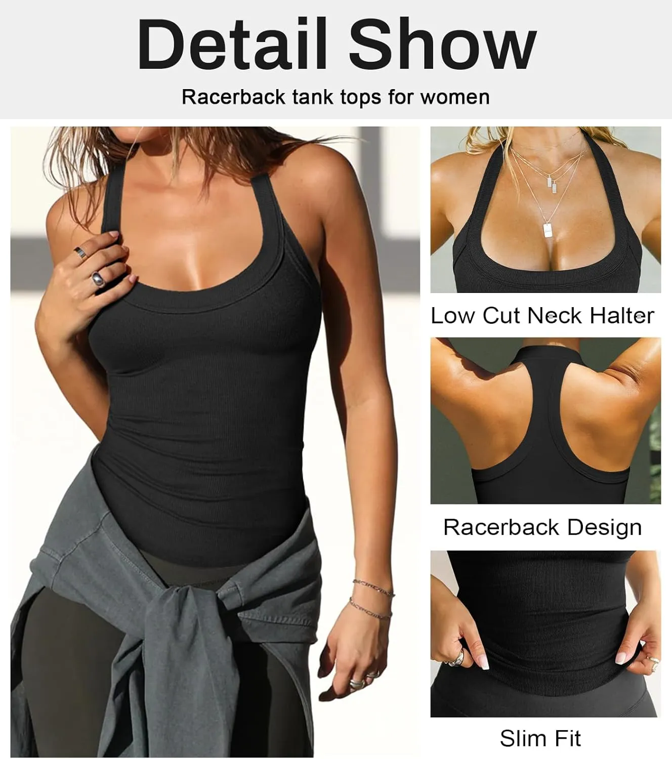 Womens Halter Top Deep Scoop Neck Low Cut Racerback Tank Top for Women Workout Ribbed Knit Fitted Sleeveless Cami Shirt