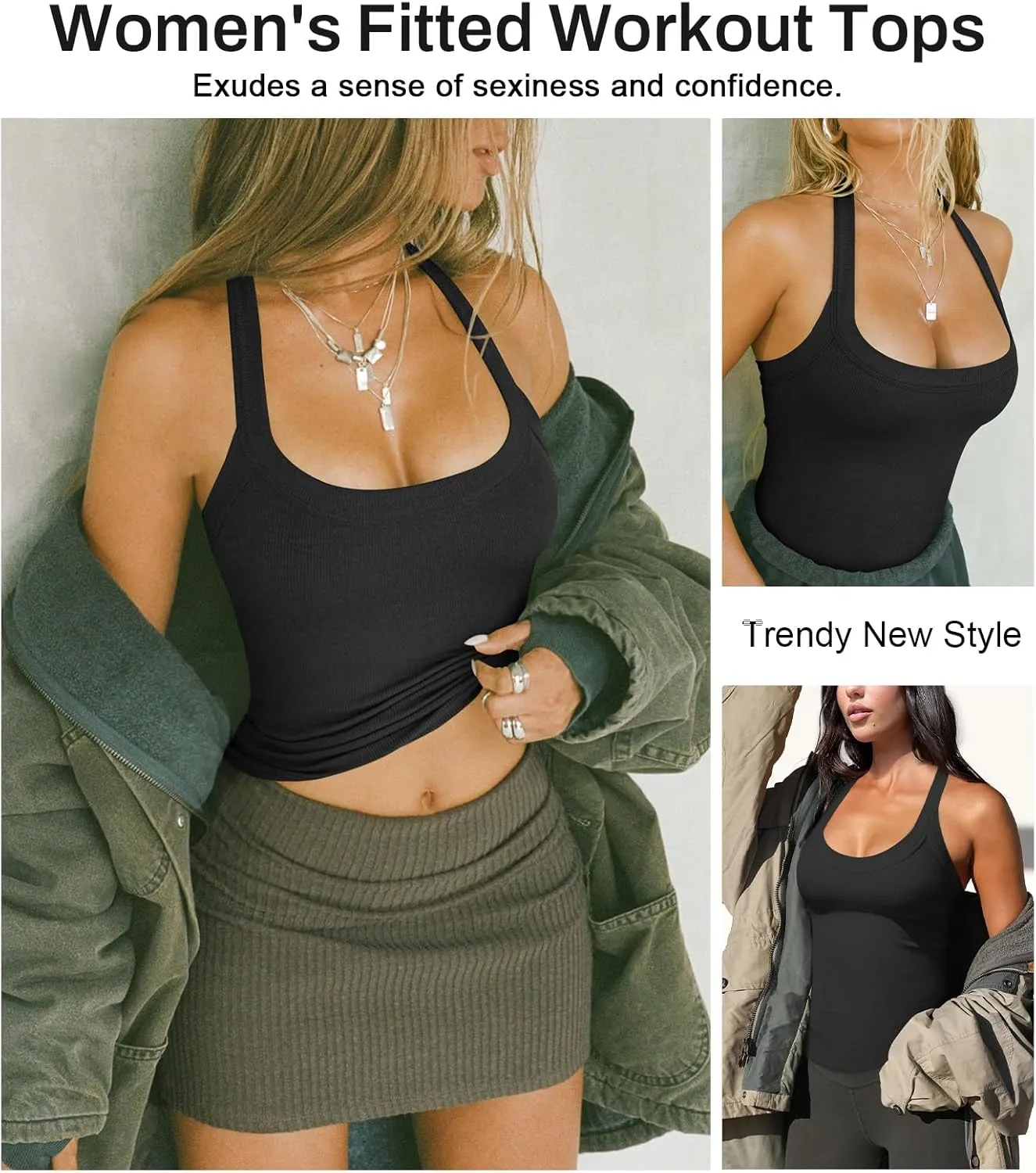 Womens Halter Top Deep Scoop Neck Low Cut Racerback Tank Top for Women Workout Ribbed Knit Fitted Sleeveless Cami Shirt