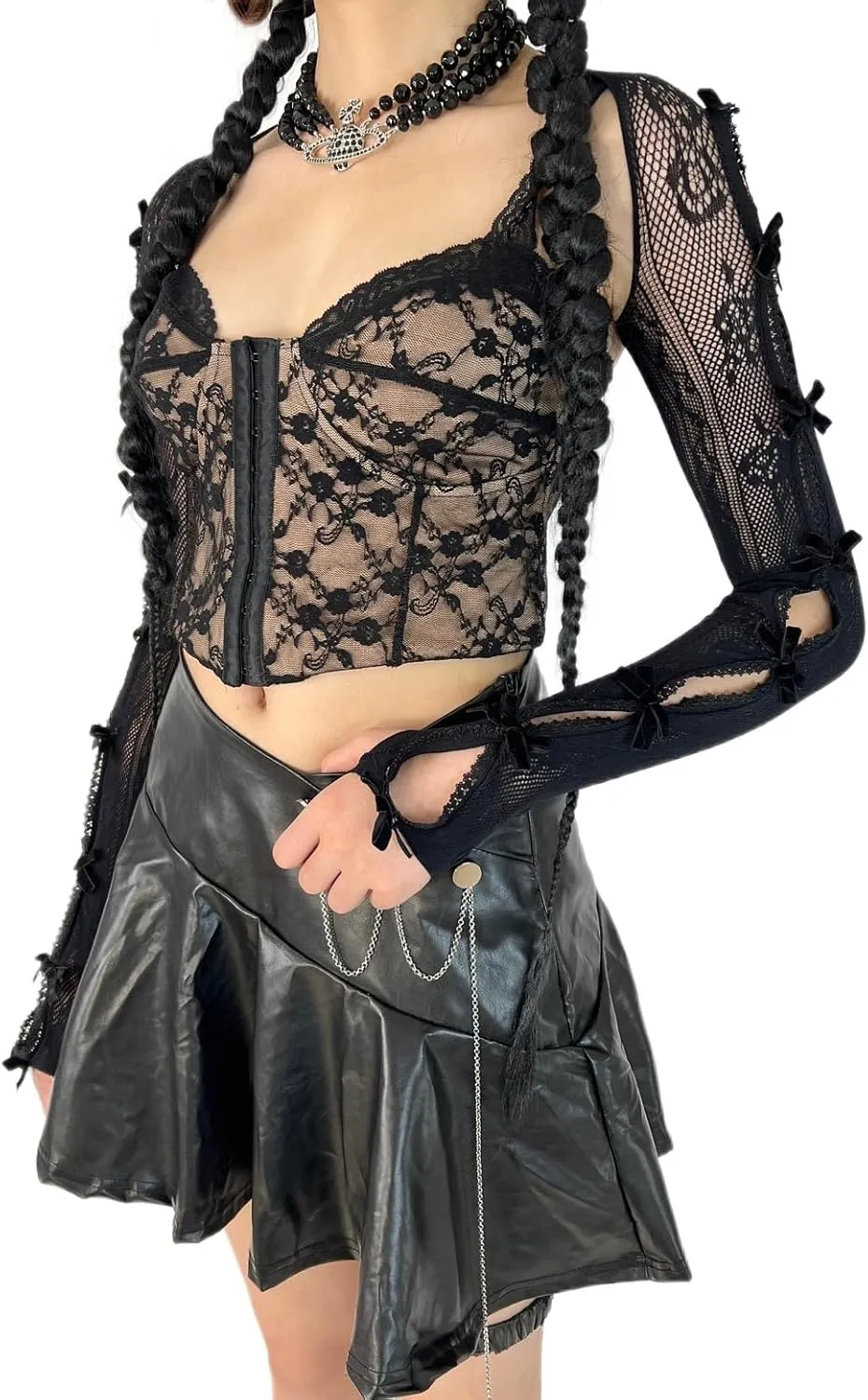 Women's Mesh Lace Shrug Crop Top Y2K Aesthetic Arm Sleeves Cardigan with Bow Grunge Cute Fairycore Accessories