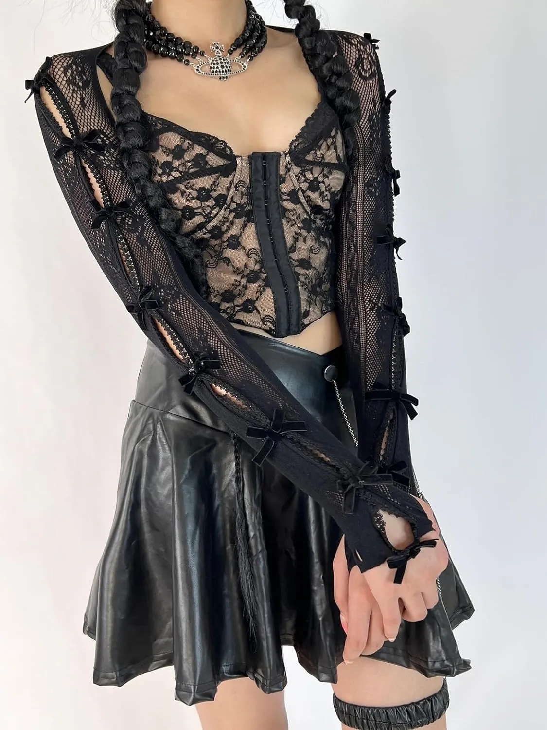 Women's Mesh Lace Shrug Crop Top Y2K Aesthetic Arm Sleeves Cardigan with Bow Grunge Cute Fairycore Accessories