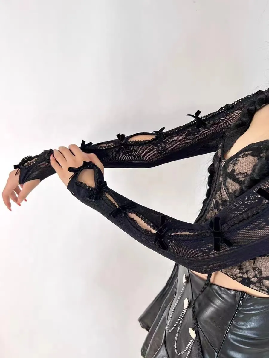 Women's Mesh Lace Shrug Crop Top Y2K Aesthetic Arm Sleeves Cardigan with Bow Grunge Cute Fairycore Accessories