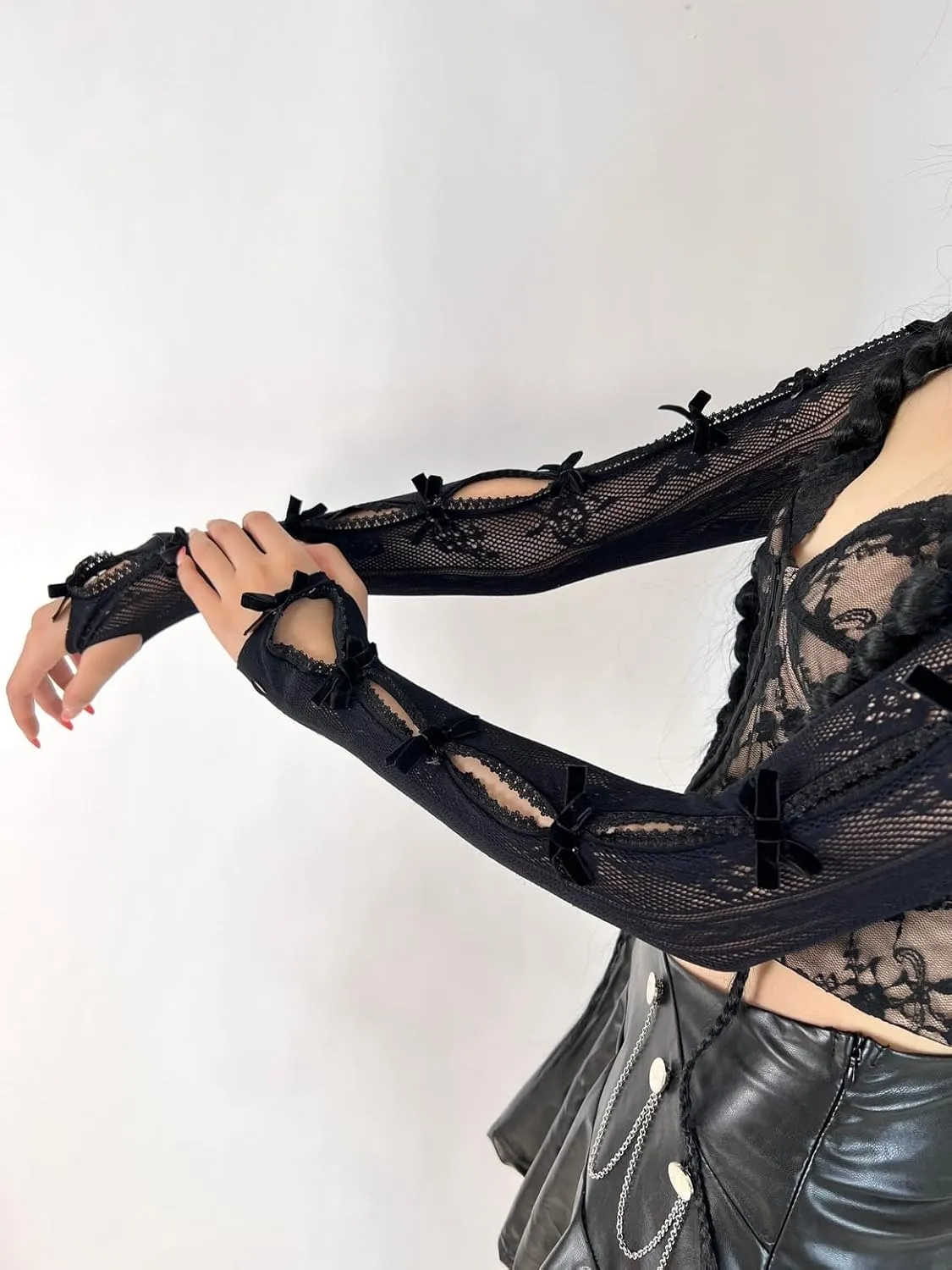 Women's Mesh Lace Shrug Crop Top Y2K Aesthetic Arm Sleeves Cardigan with Bow Grunge Cute Fairycore Accessories