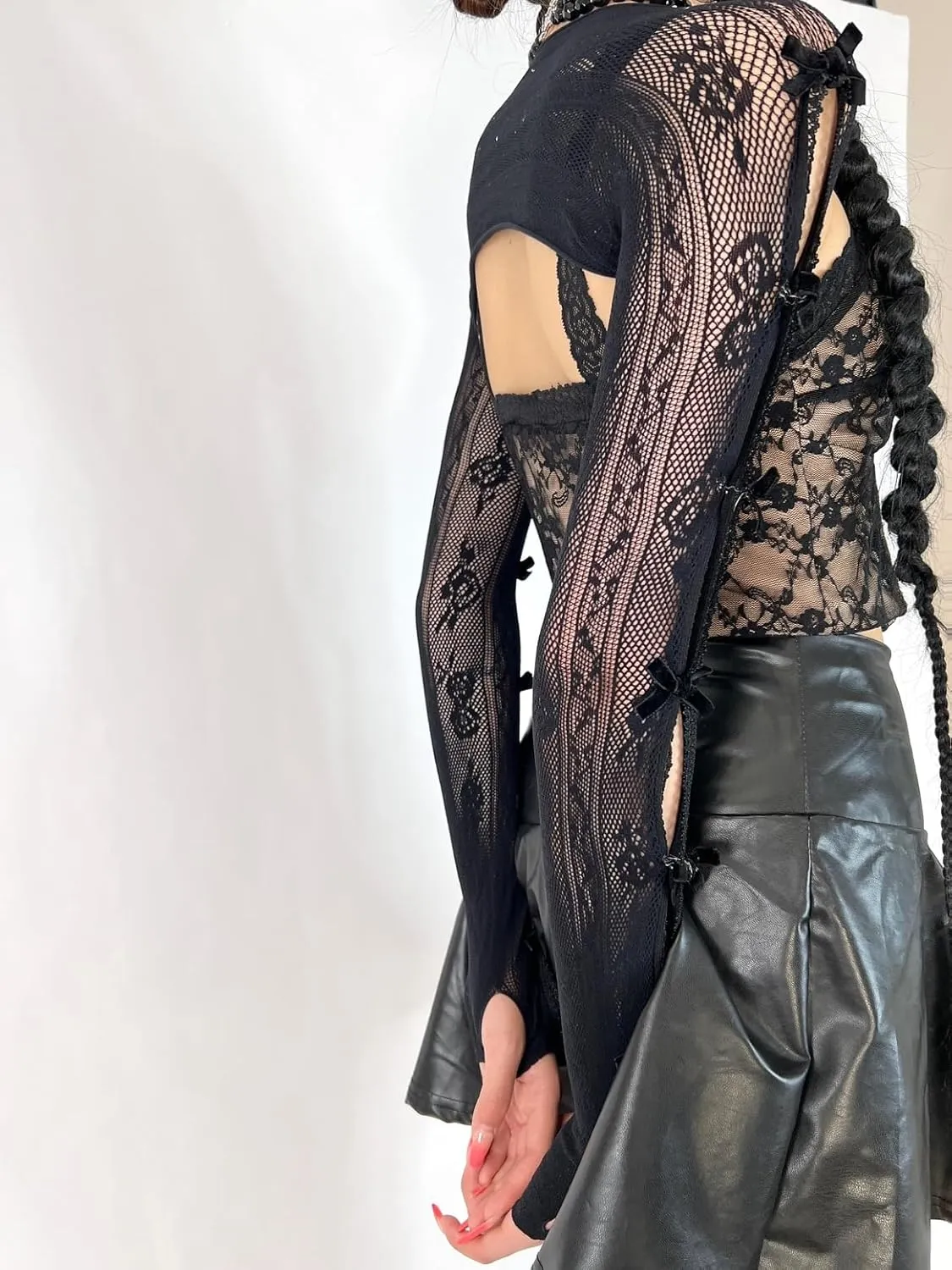 Women's Mesh Lace Shrug Crop Top Y2K Aesthetic Arm Sleeves Cardigan with Bow Grunge Cute Fairycore Accessories