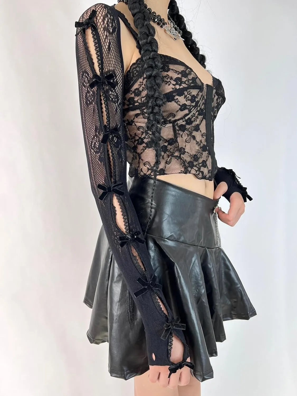 Women's Mesh Lace Shrug Crop Top Y2K Aesthetic Arm Sleeves Cardigan with Bow Grunge Cute Fairycore Accessories