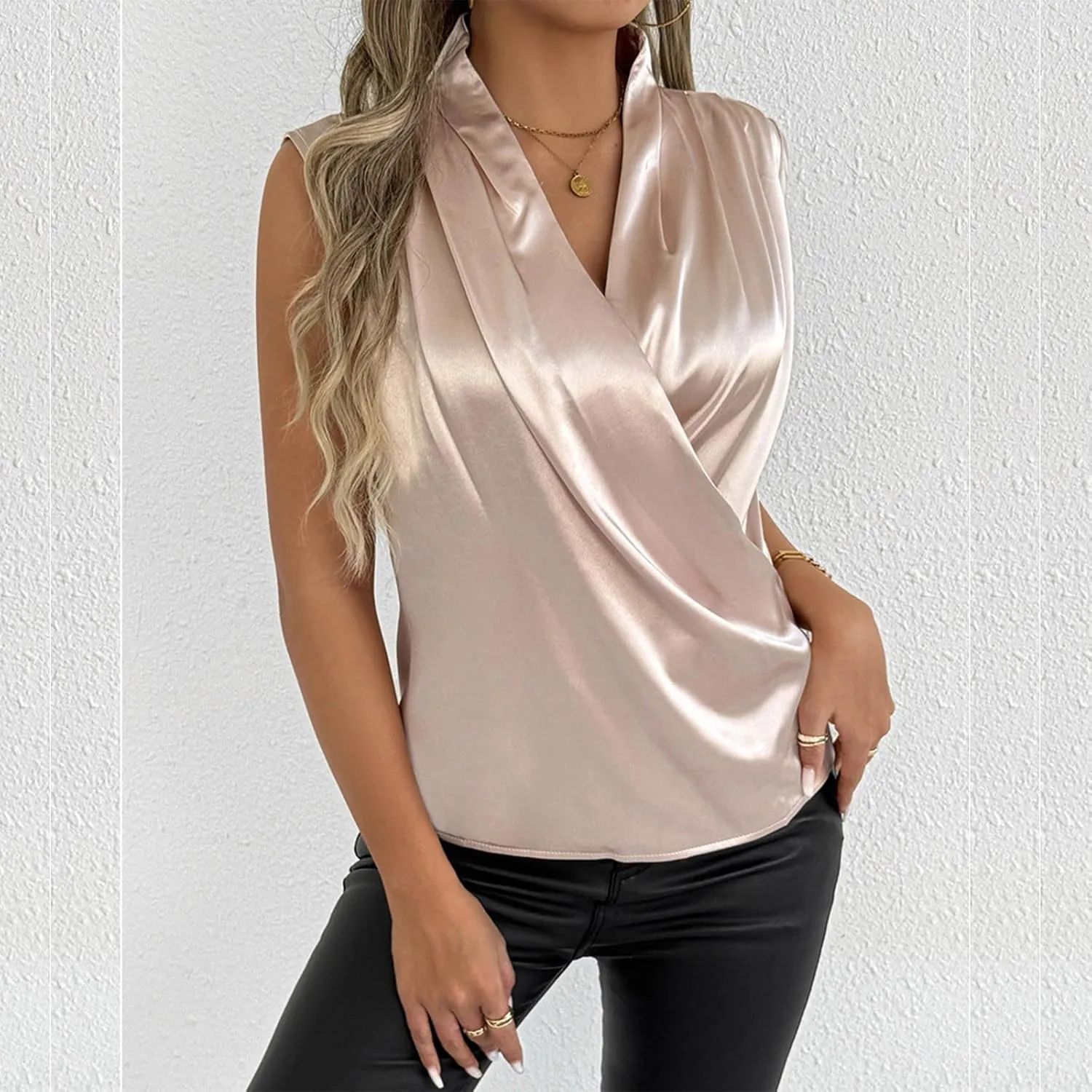 Women's Satin Silky Top 2025 Summer Cowl Neck Drape Ruched Front Sleeveless Tank Blouse Loose Comfy Shirts Tees