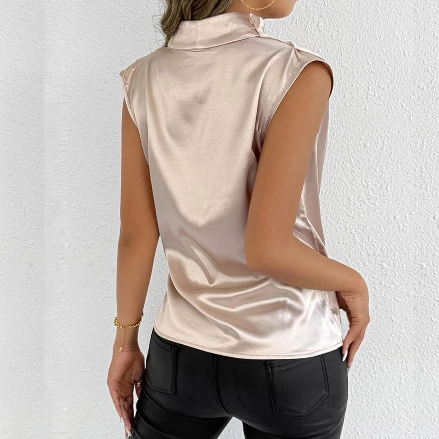 Women's Satin Silky Top 2025 Summer Cowl Neck Drape Ruched Front Sleeveless Tank Blouse Loose Comfy Shirts Tees