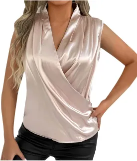 Women's Satin Silky Top 2025 Summer Cowl Neck Drape Ruched Front Sleeveless Tank Blouse Loose Comfy Shirts Tees