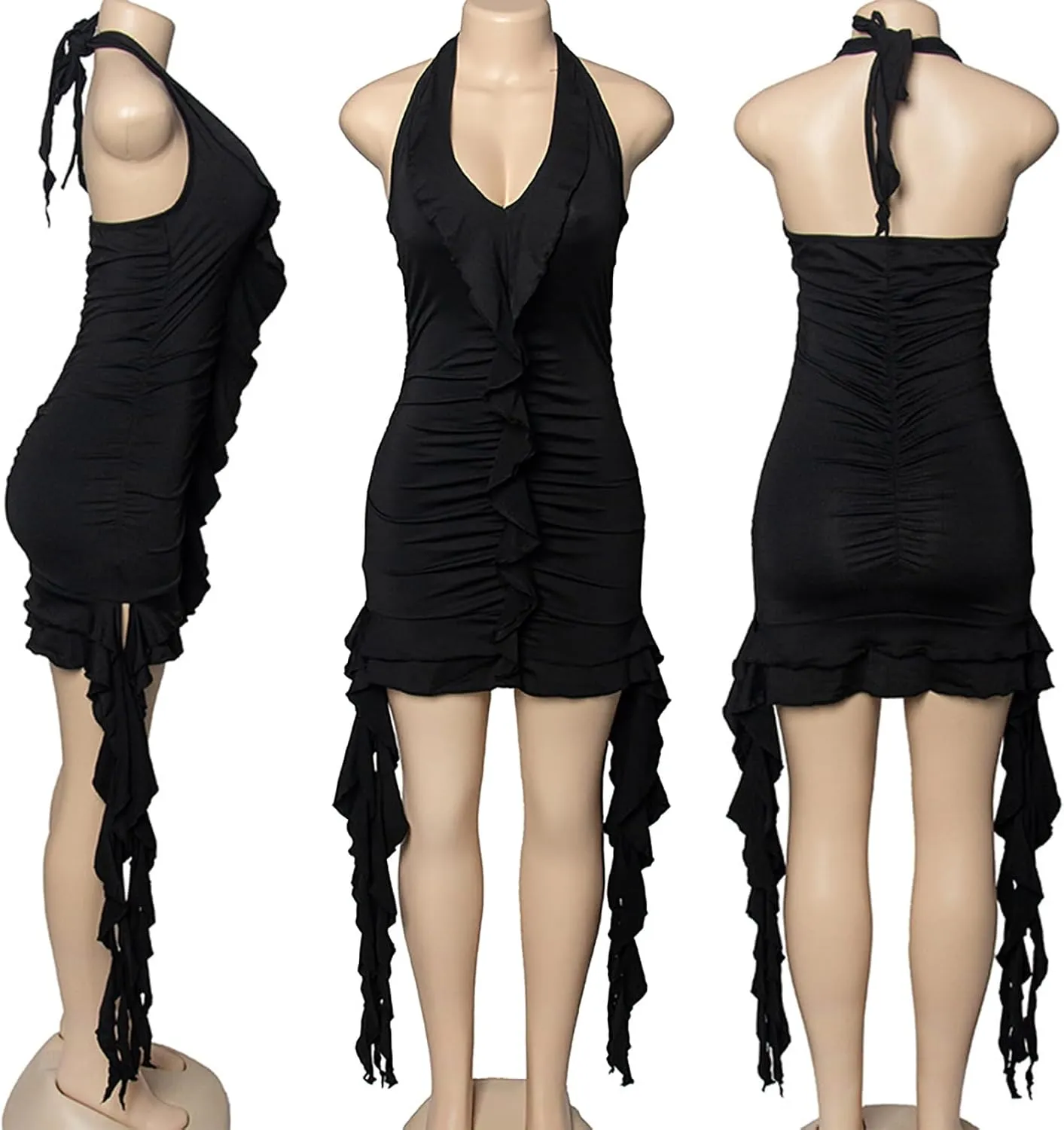 Womens Sexy Ruffle Y2K Mini Dress Halter Deep V Neck Backless Fringe Tassel Ruched Party Club Short Dresses