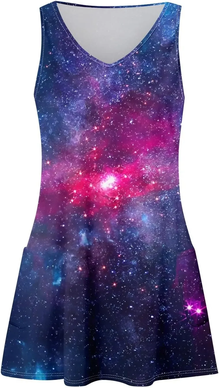 Women's Summer Dresses Vacation Printed Sundress Beach Sleeveless Dress with Pocket V Neck Casual Swimsuit Coverup