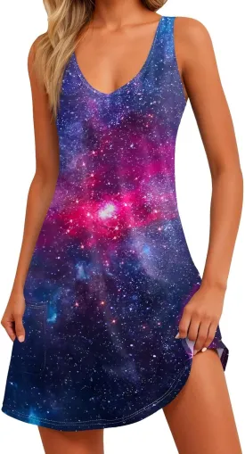 Women's Summer Dresses Vacation Printed Sundress Beach Sleeveless Dress with Pocket V Neck Casual Swimsuit Coverup