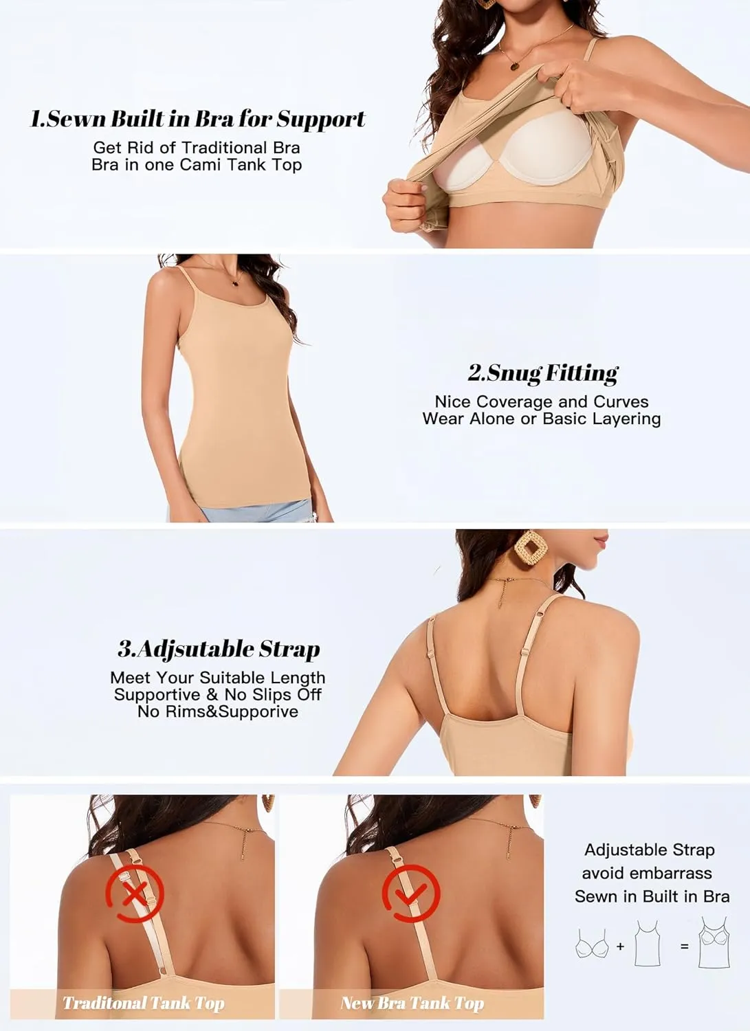 Womens Tank Tops Adjustable Strap Camisole with Built in Padded Bra Vest Sleeveless Layer Top 1/2/3 Packs