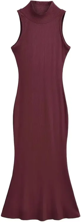 Women's Turtleneck Sleeveless Knitted Dress Slim Fit Stretch Solid Color Trumpet Fishtail Midi Dress