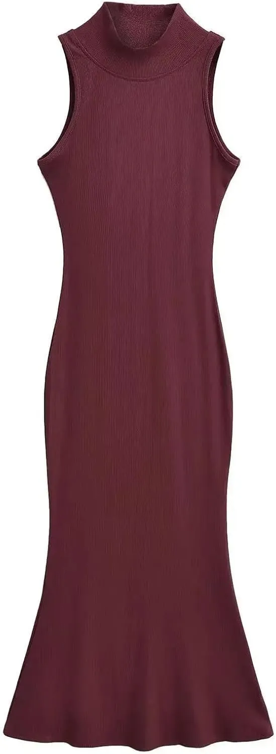 Women's Turtleneck Sleeveless Knitted Dress Slim Fit Stretch Solid Color Trumpet Fishtail Midi Dress