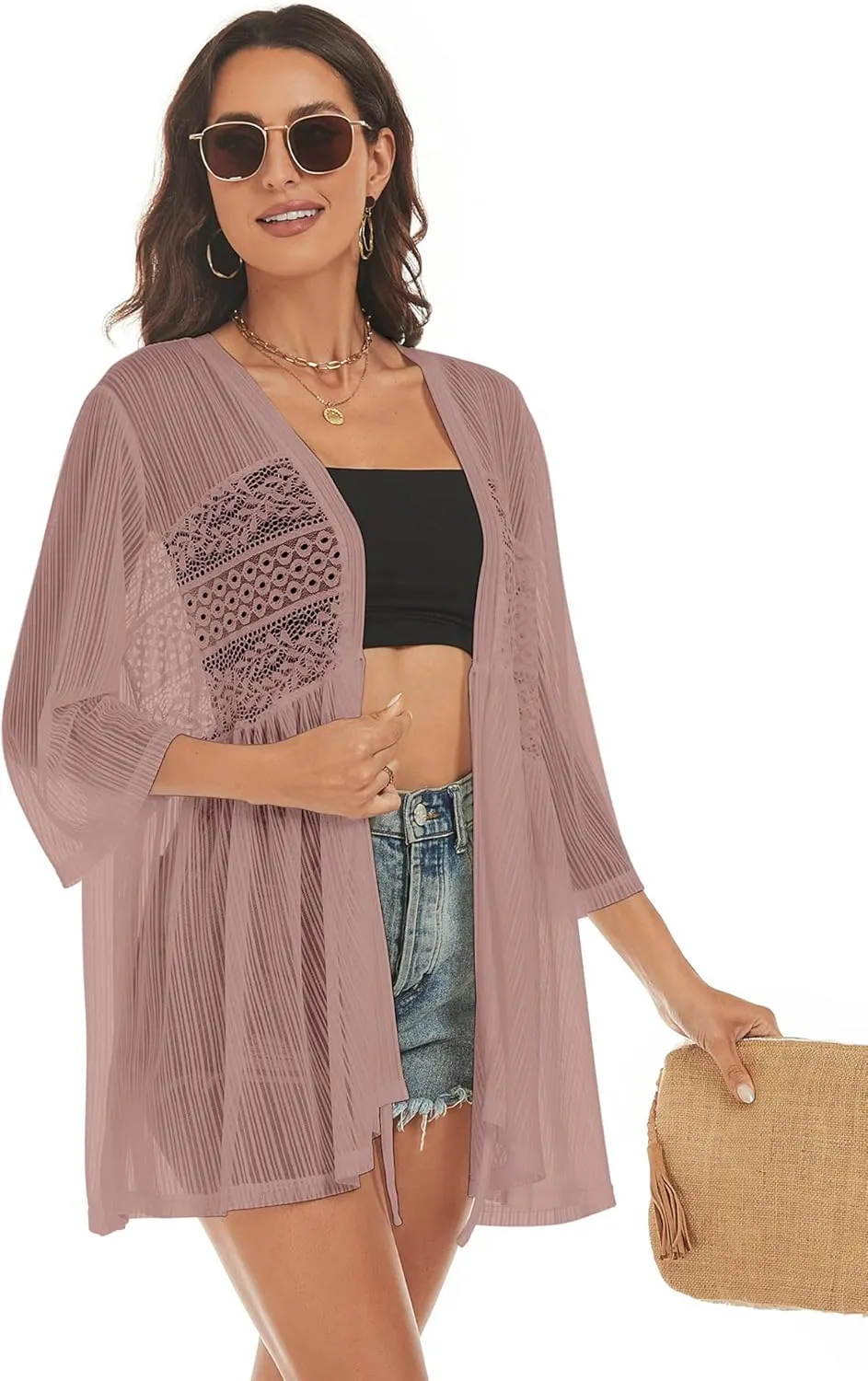ZAFUL Lightweight Summer Cardigan for Women 3/4 Sleeve Bikini Cover Ups Strechy Crochet Knit Kimonos