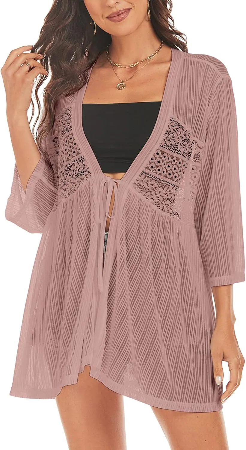 ZAFUL Lightweight Summer Cardigan for Women 3/4 Sleeve Bikini Cover Ups Strechy Crochet Knit Kimonos