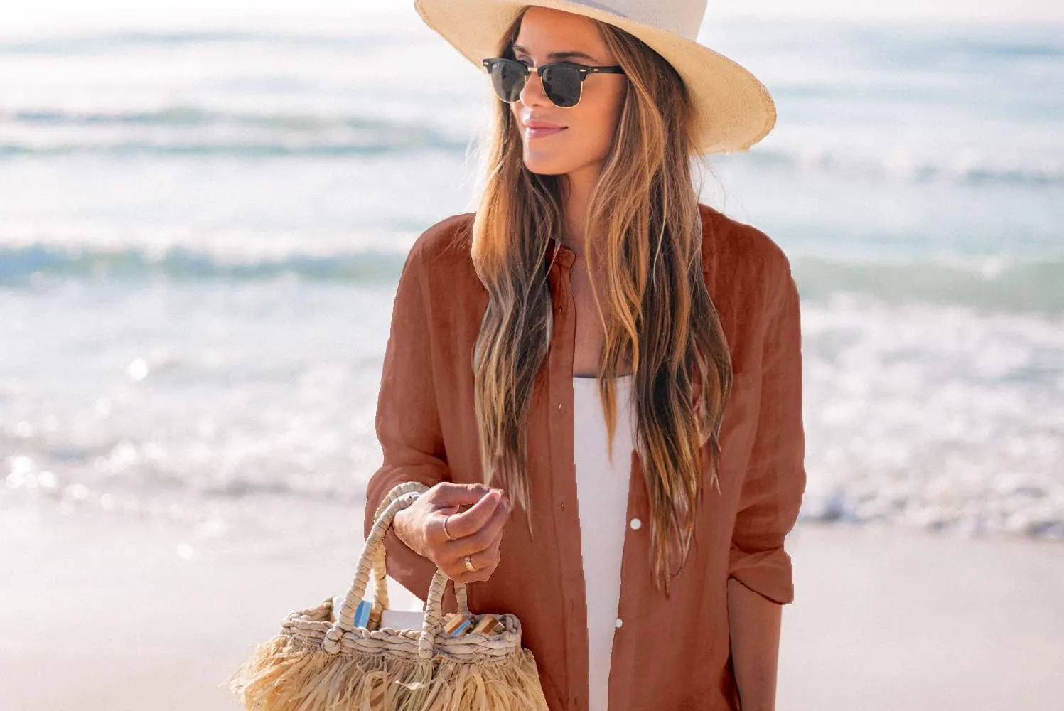 Zoye Chen Womens Bikini Swimsuit Cover Up Button Down V Neck Shirts Long Sleeve Blouse Beachwear Bathing Suit