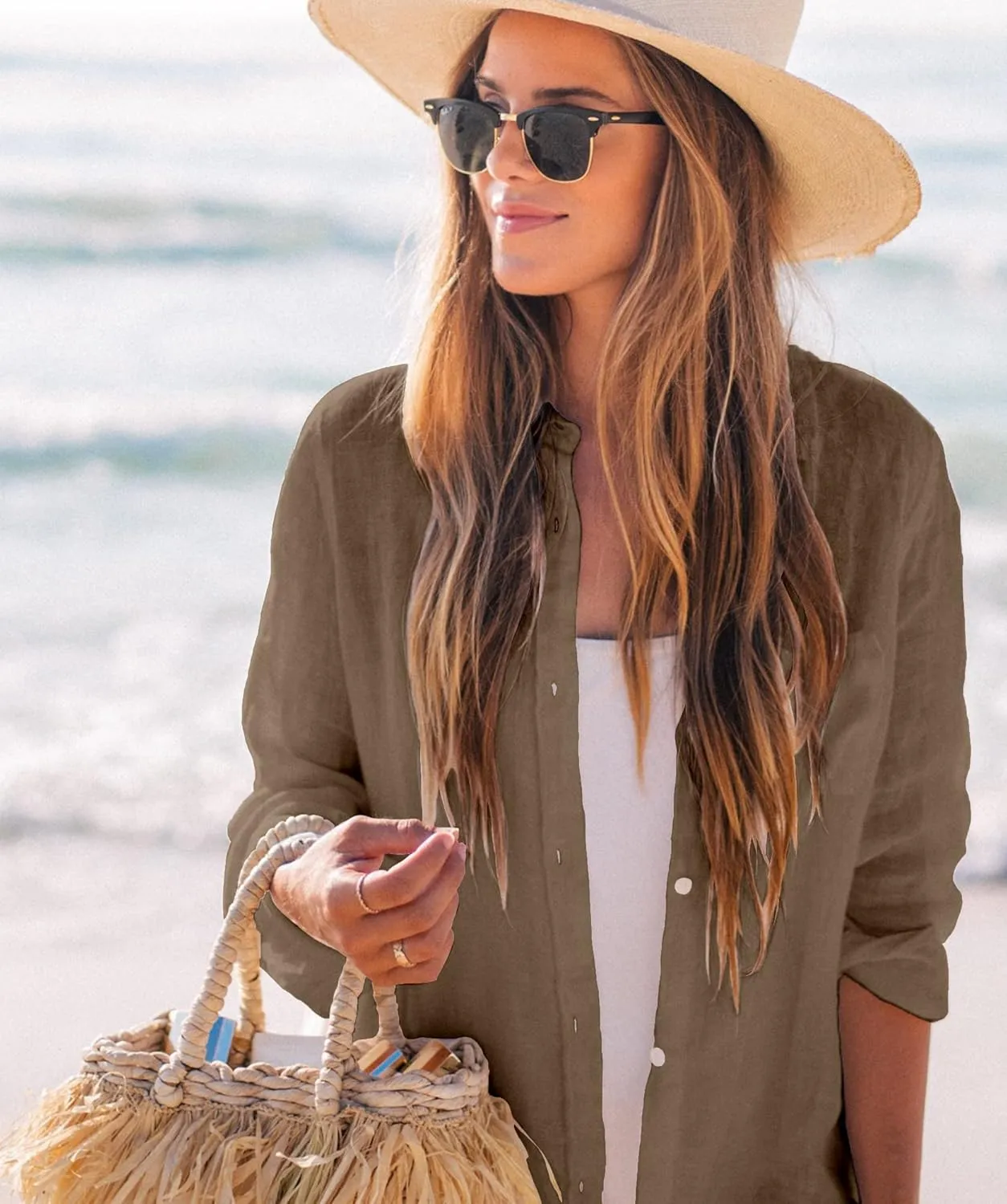 Zoye Chen Womens Bikini Swimsuit Cover Up Button Down V Neck Shirts Long Sleeve Blouse Beachwear Bathing Suit