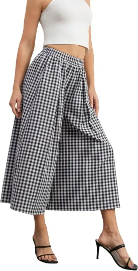 zsangbee Women's Capris Summer Wide Leg Palazzo Pants Boho Plaid Dress Casual High Waisted Beach Vacation Trouser