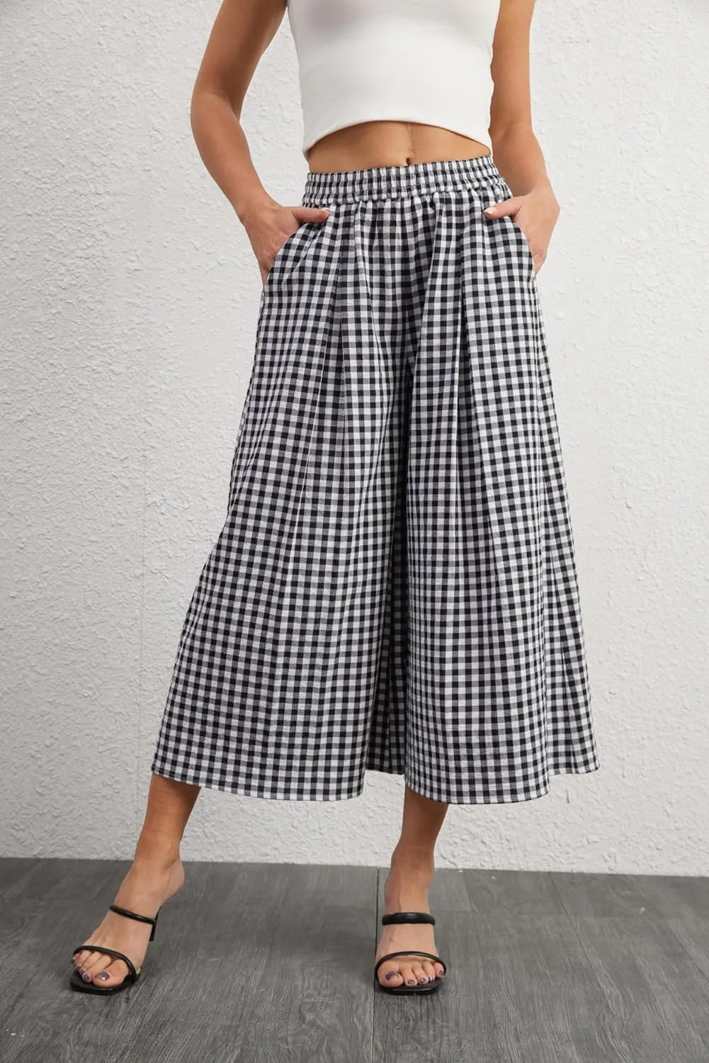 zsangbee Women's Capris Summer Wide Leg Palazzo Pants Boho Plaid Dress Casual High Waisted Beach Vacation Trouser