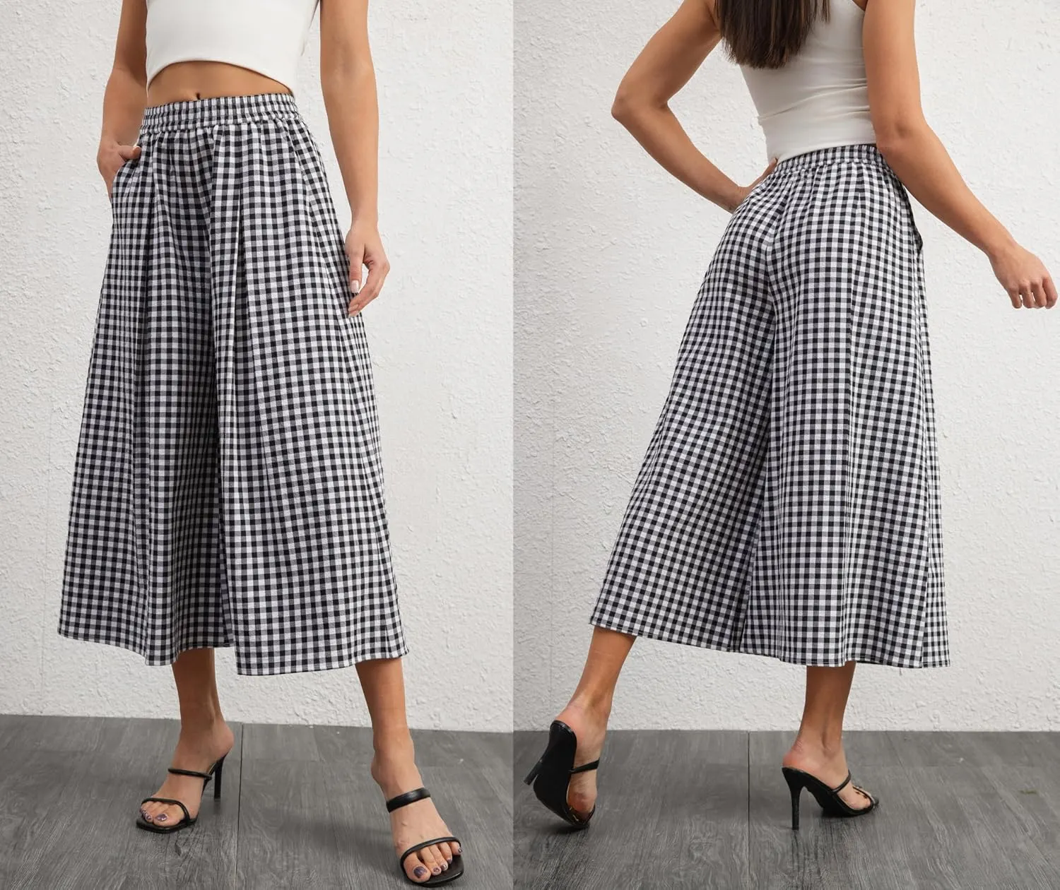 zsangbee Women's Capris Summer Wide Leg Palazzo Pants Boho Plaid Dress Casual High Waisted Beach Vacation Trouser