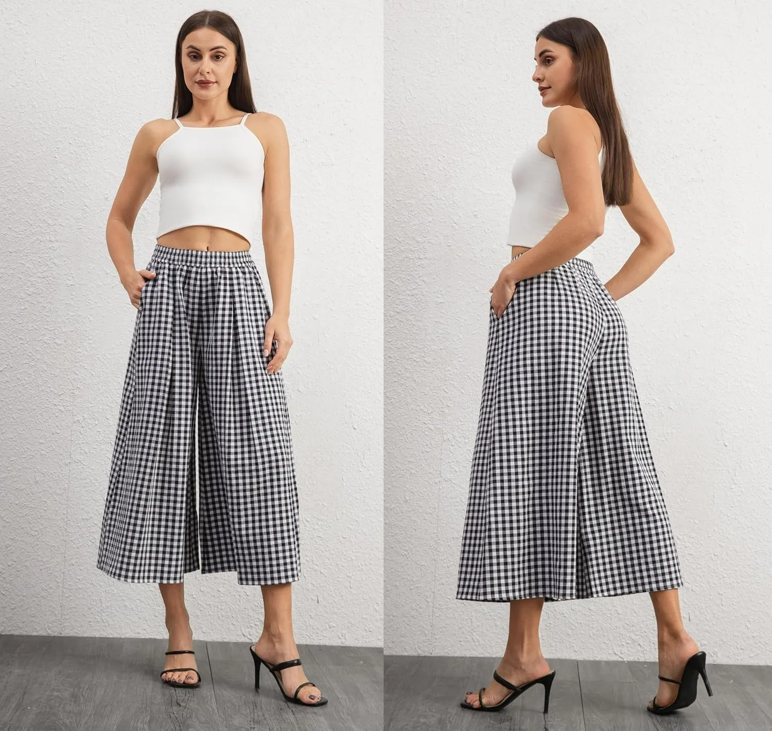 zsangbee Women's Capris Summer Wide Leg Palazzo Pants Boho Plaid Dress Casual High Waisted Beach Vacation Trouser