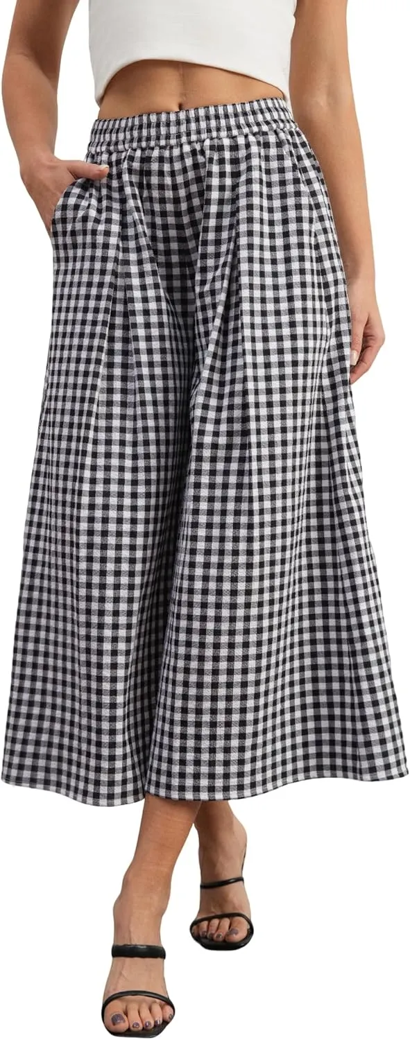 zsangbee Women's Capris Summer Wide Leg Palazzo Pants Boho Plaid Dress Casual High Waisted Beach Vacation Trouser